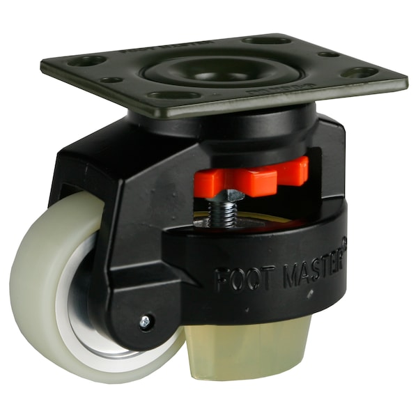 Leveling Caster, 75 mm Polyurethane Wheel, 4 x 4-1/2 Plate, Swivel, 800 kg Cap, PU Foot Pad, Black